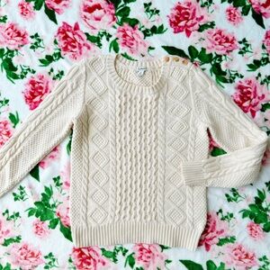 ll bean cream double l cable knit sweater w shoulder buttons xs fisherman
